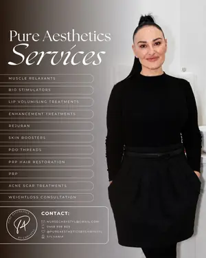 Pure Aesthetics services list beside a photo of Chrystyl