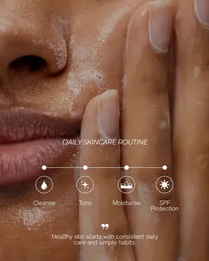 Daily skincare routine post: cleanse, tone, moisturise, SPF protection