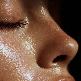 Close-up of dewy facial skin beside a glass dropper